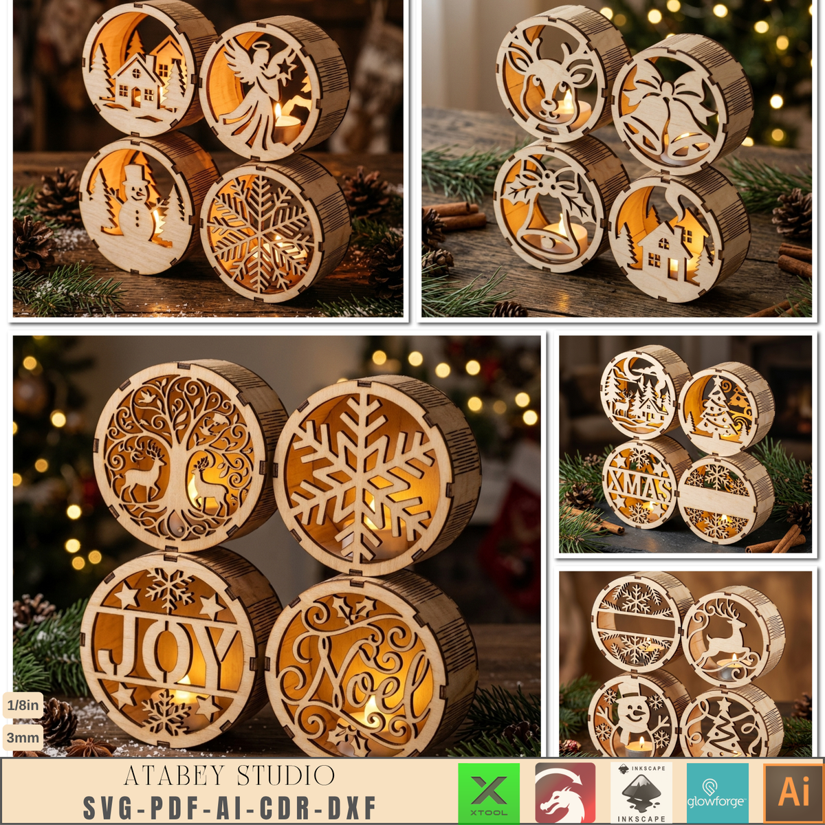 3D Christmas Light Box Laser Cut Files, Wood Holiday Lantern Candle Holder Template 1033