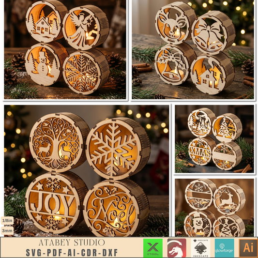 3D Christmas Light Box Laser Cut Files, Wood Holiday Lantern Candle Holder Template 1033