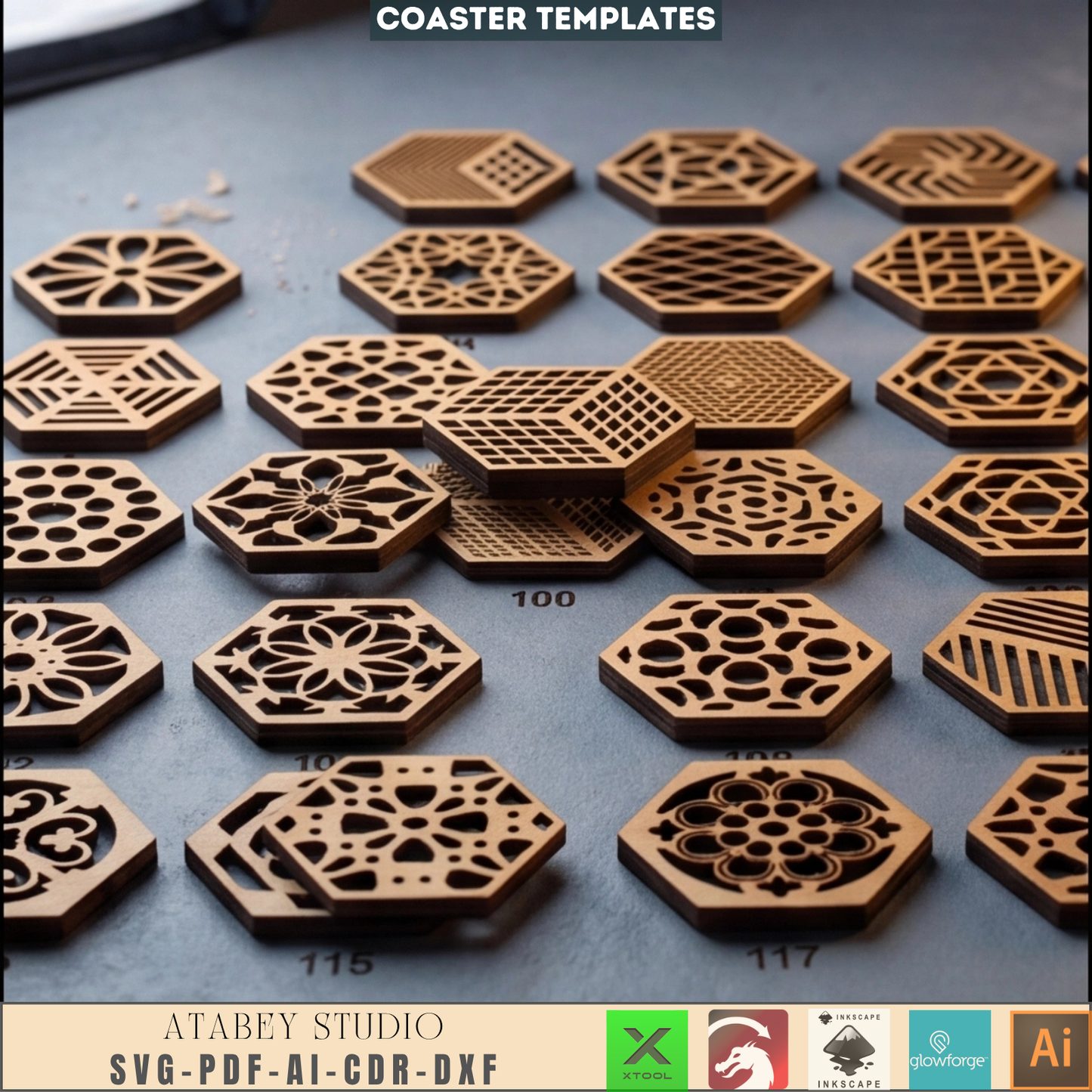 Geometric Hexagon Coaster Laser Cut File Bundle Wood Drink Coaster Template