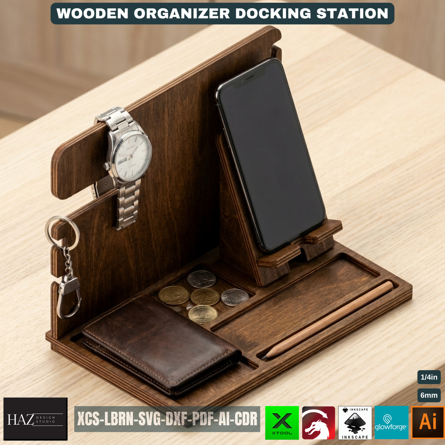 Personalized Wood Docking Station Desk Organizer Mens Gift Idea Phone Stand Bedside Nightstand Catchall Tray 529