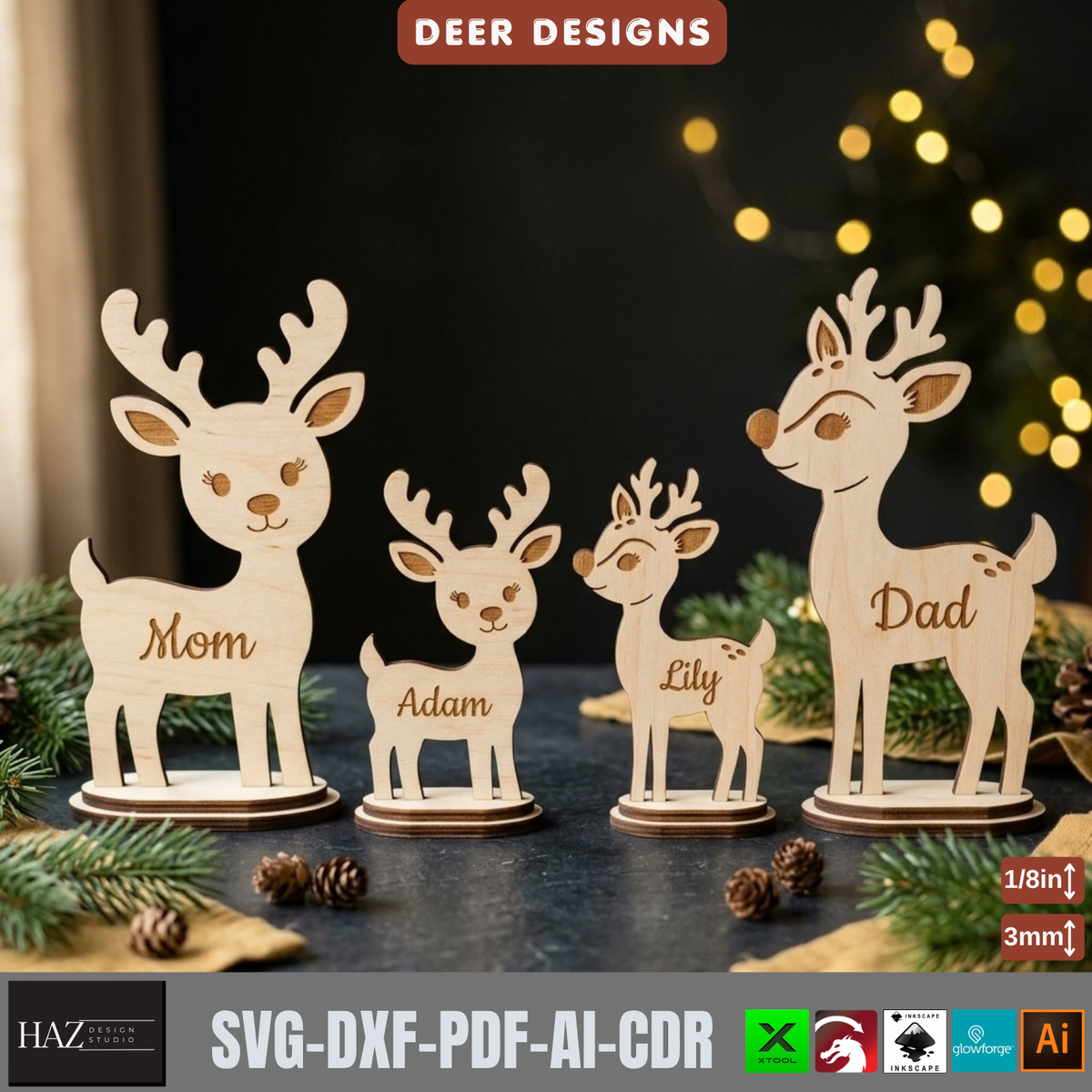 Personalized Reindeer Family Laser Cut SVG – Christmas Wooden Decor Stand