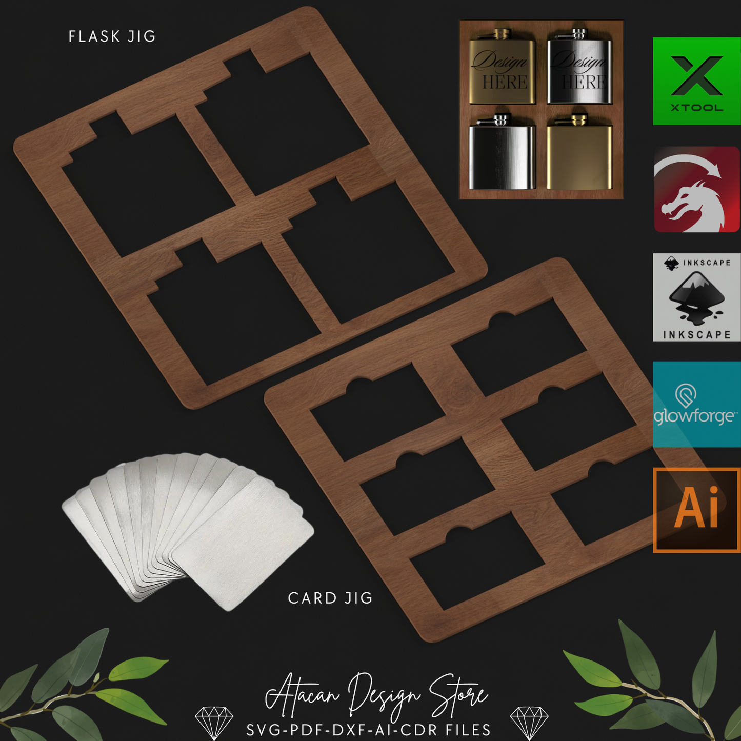 Laser Engraving Flask & Card Jig Template - Perfect for Glowforge, XTool, Inkscape 699