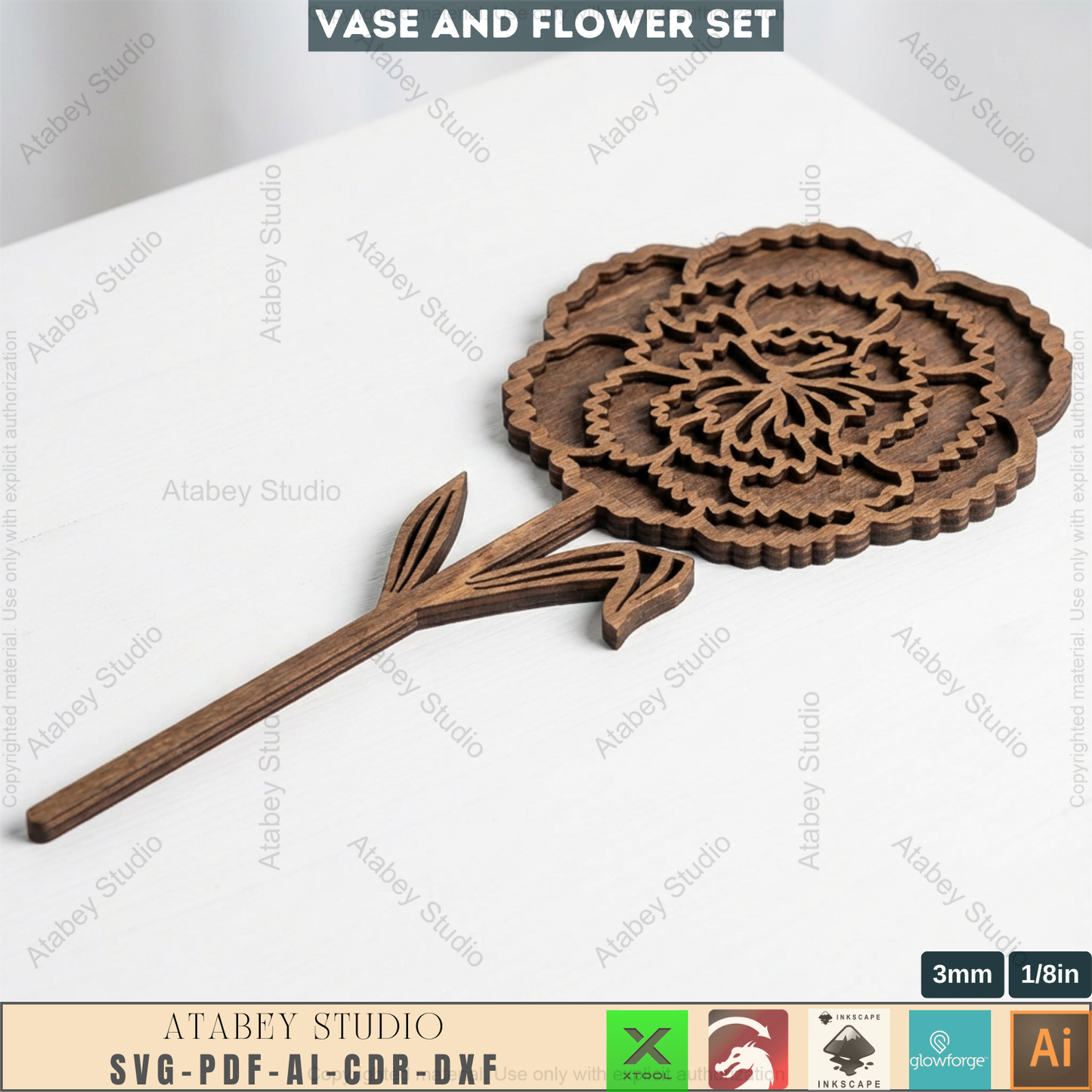 Laser Cut Wooden Vase with Flowers SVG Bundle - 5 Elegant Vases & 6 Wildflower Designs, 3D Layered Floral Table Decor 984