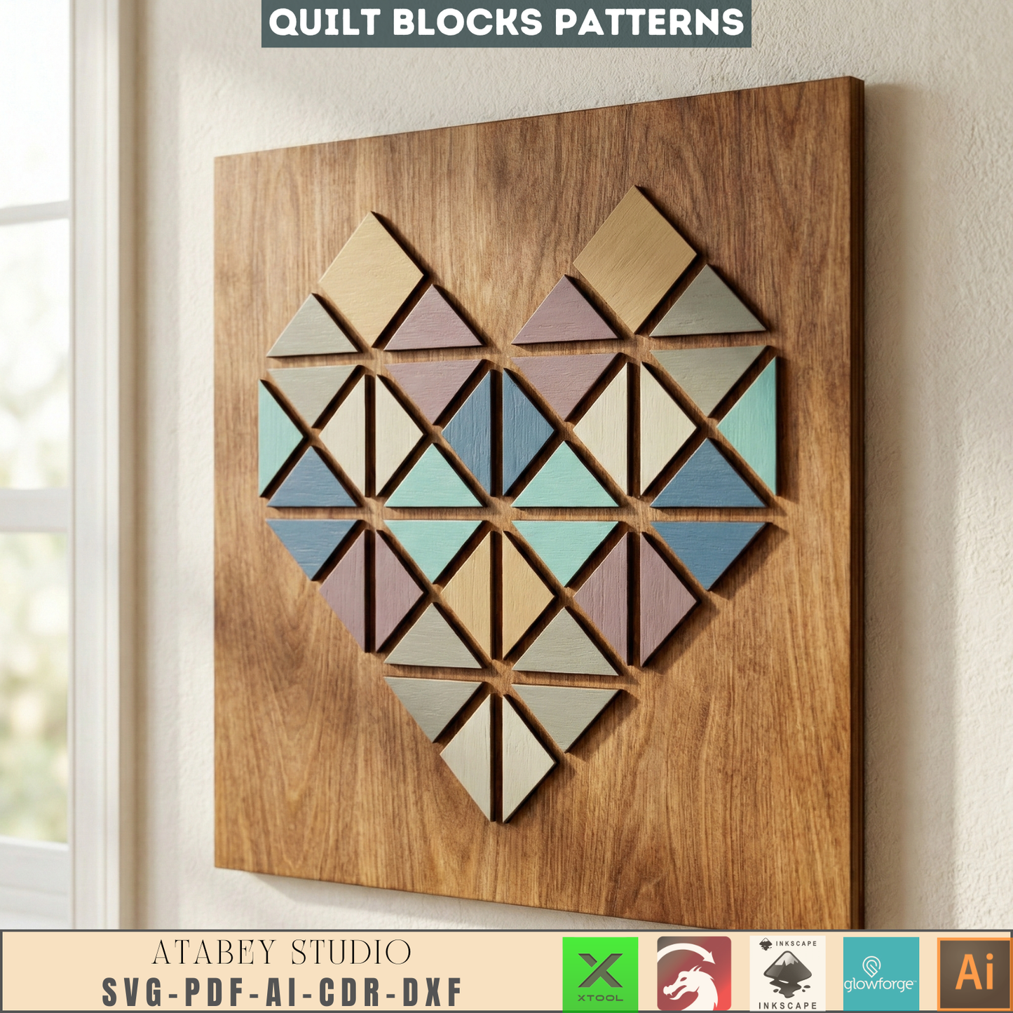 Geometric Quilt Block Wall Art Laser Cut Design Modern Farmhouse Wood Heart Butterfly Potted Flower 988