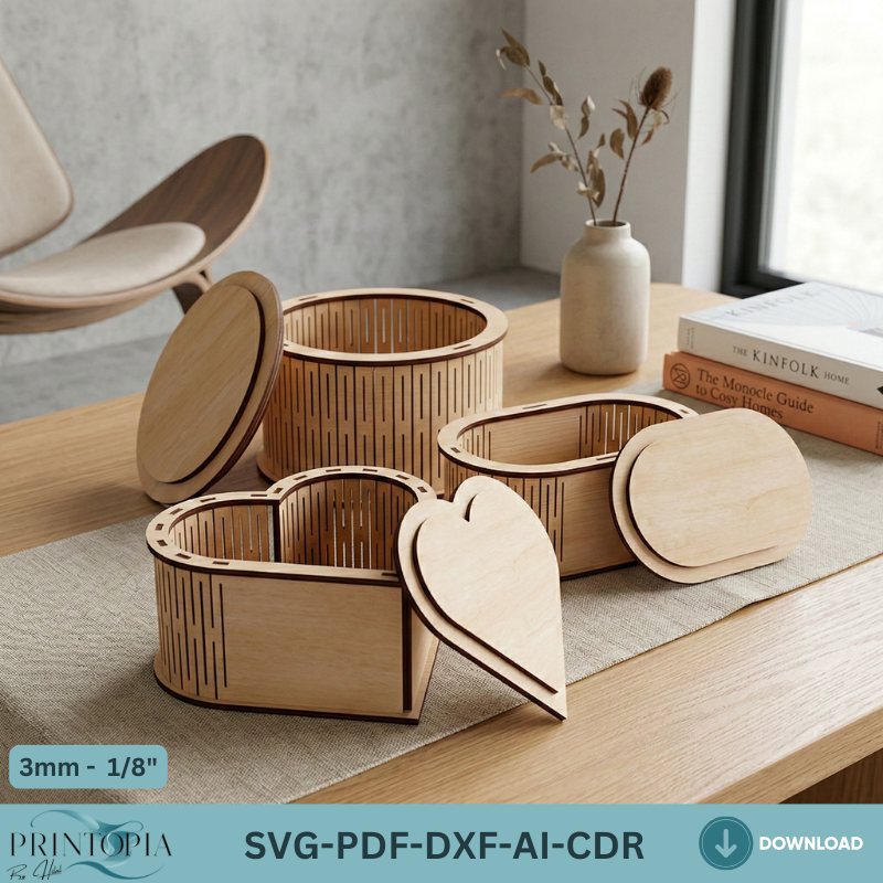 Laser Cut Wooden Box Bundle Heart Oval Round Living Hinge Gift Box Cutting Plans 331