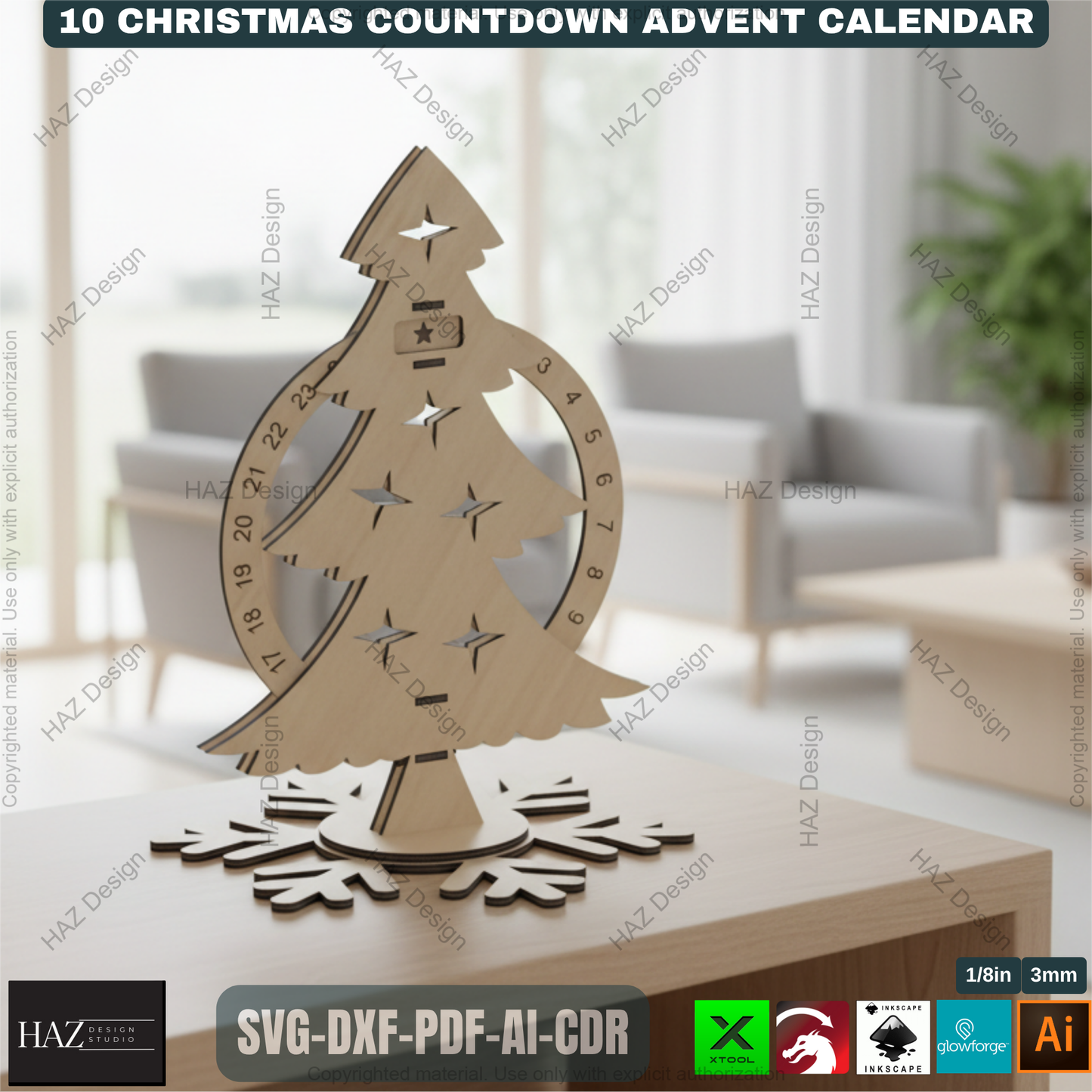 Festive Countdown Advent Calendar Laser Cut Files, Wooden Christmas Decor Template for Glowforge & Xtool, Holiday Craft Project 498