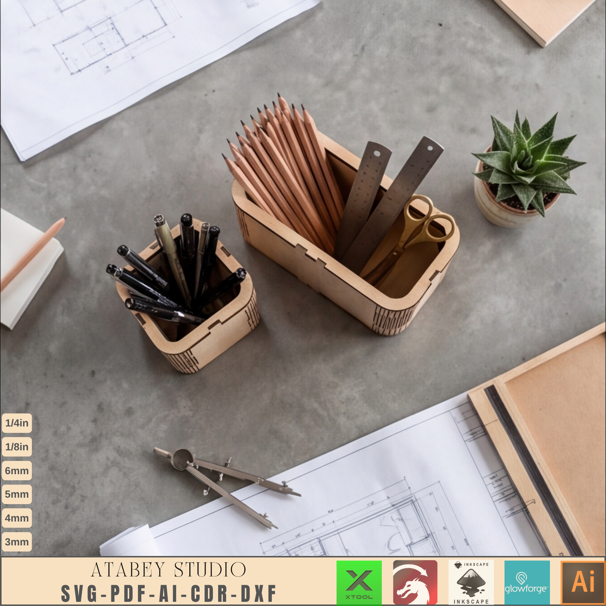 Wooden Desk Organizer Laser Cut Template - DIY Pencil Holder for Home Office 1029