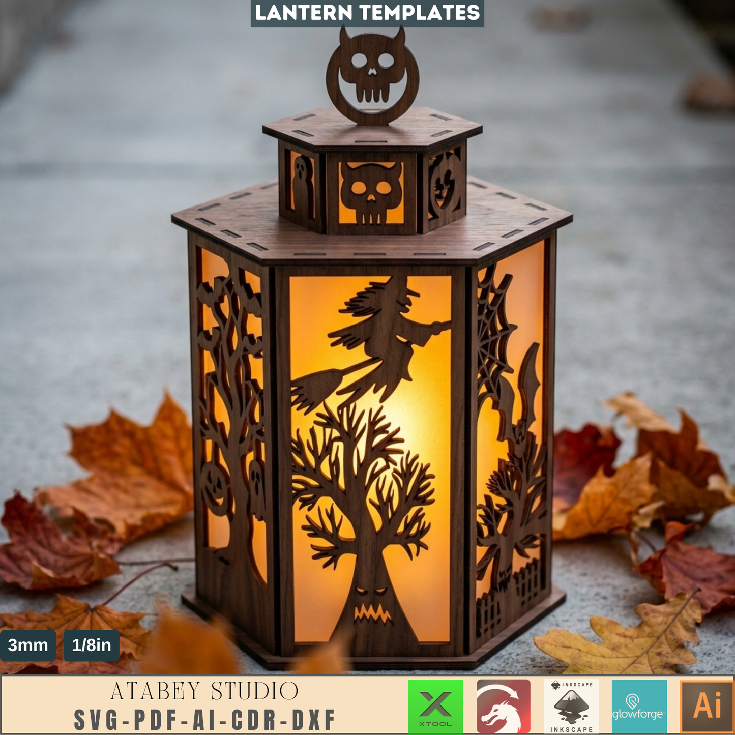Halloween Lantern Template Spooky Wooden Candle Holder DIY Witch Tealight Box Autumn Table Decor