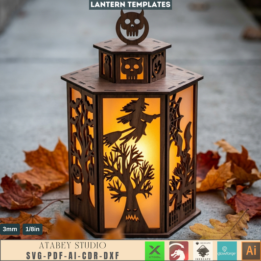Halloween Lantern Template Spooky Wooden Candle Holder DIY Witch Tealight Box Autumn Table Decor