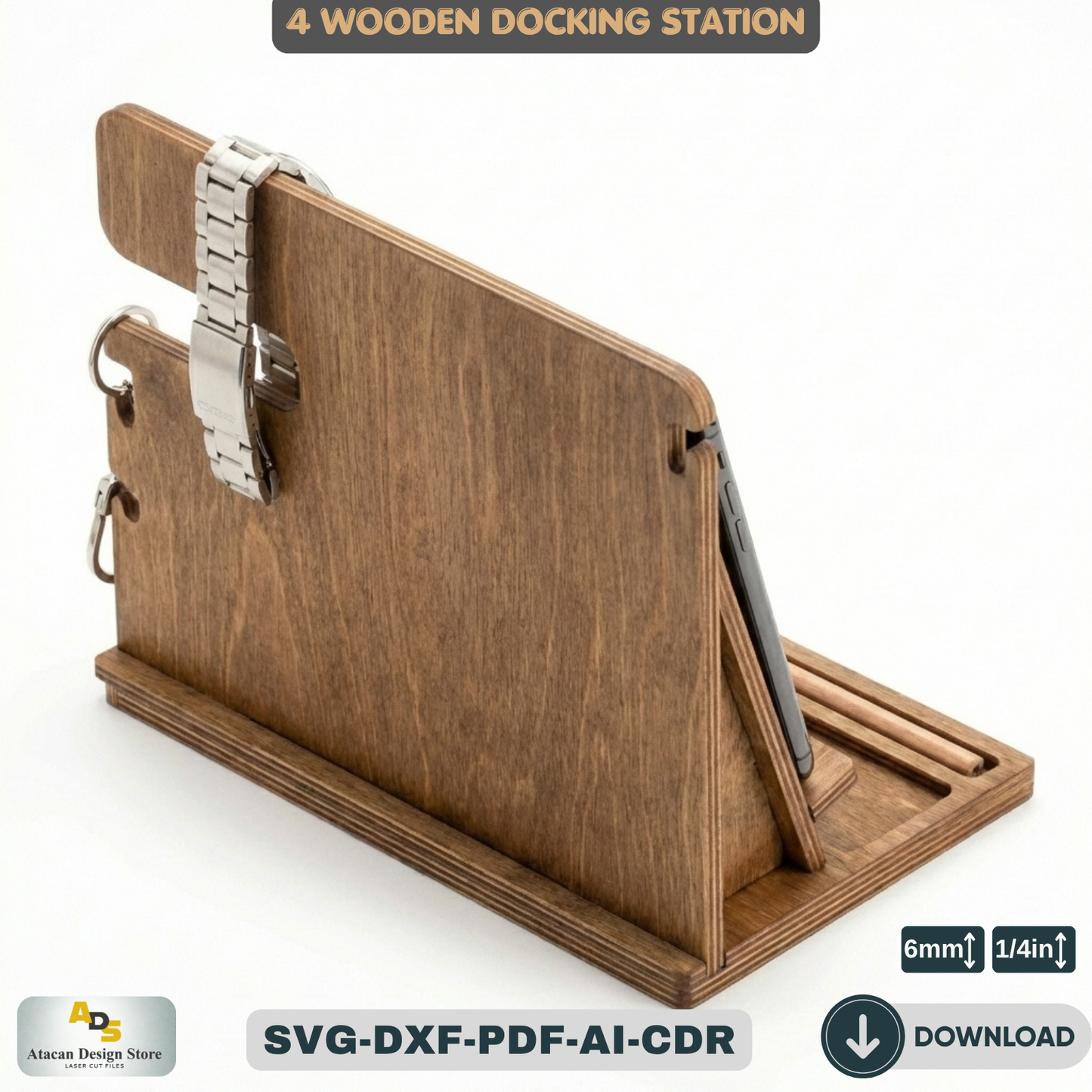 Wood Docking Station / Desk Organizer Phone Stand / Watch Holder / Father's Day Gift 947