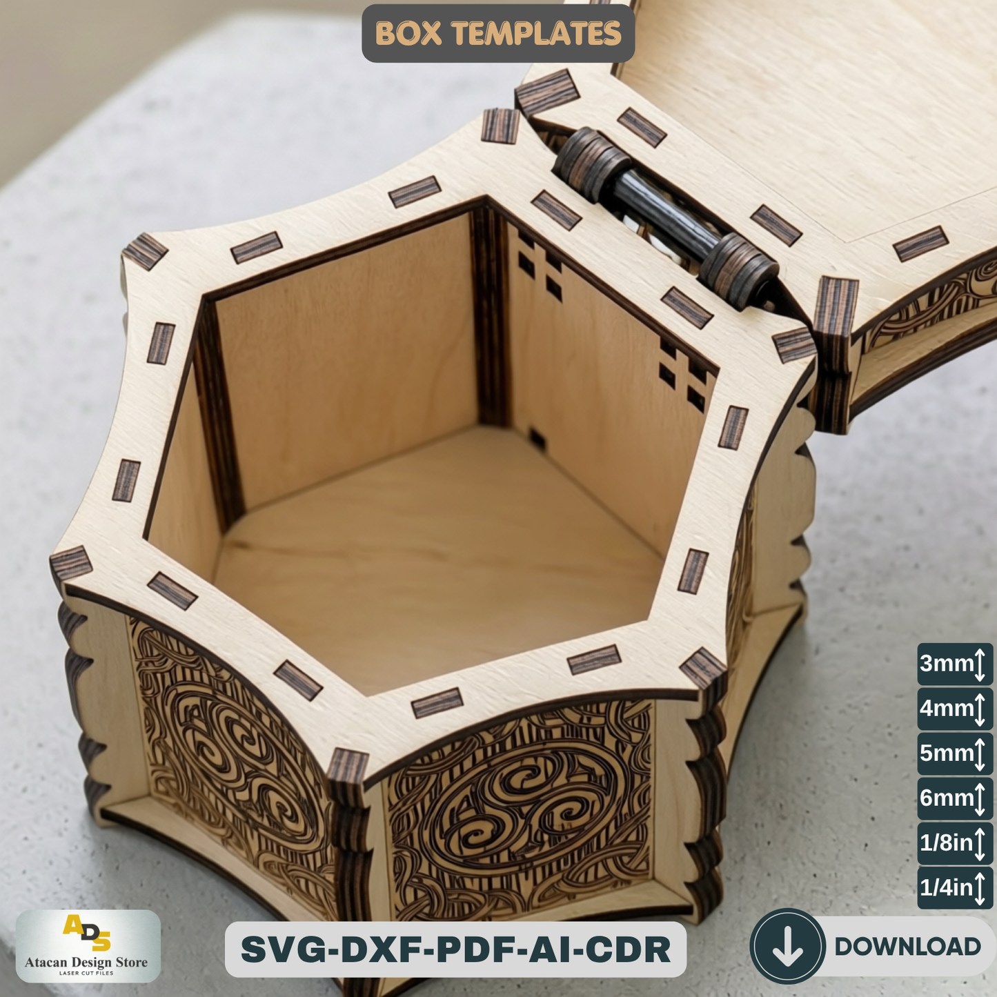 Celtic Hexagon Box Laser Cut File Mythical Jewelry Chest Pattern Wooden Trinket Box Template