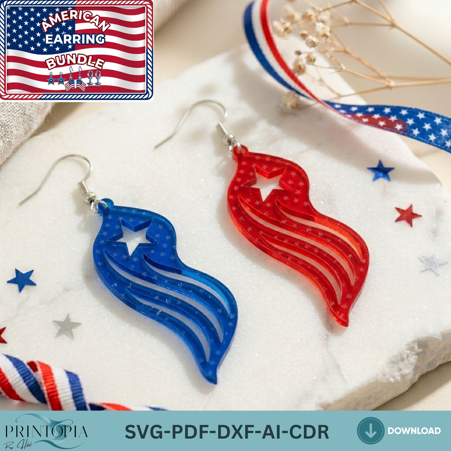 Patriotic Earring Laser Cut Design, Fourth of July American Flag Jewelry Template, USA Stars Independence Day