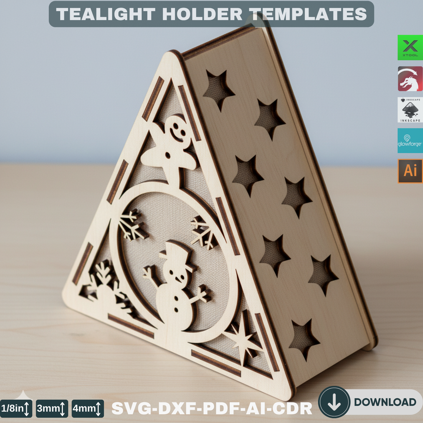 Snowman Lanterns SVG - Laser Cut Triangle Candle Holders with Festive Winter Scene for Holiday DIY Home Decor 779