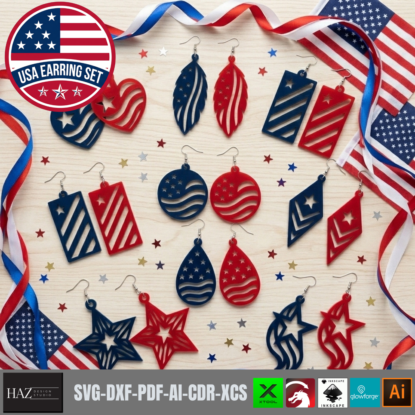 Patriotic Earring SVG Bundle, 4th of July Laser Cut Templates, USA Flag Acrylic Jewelry