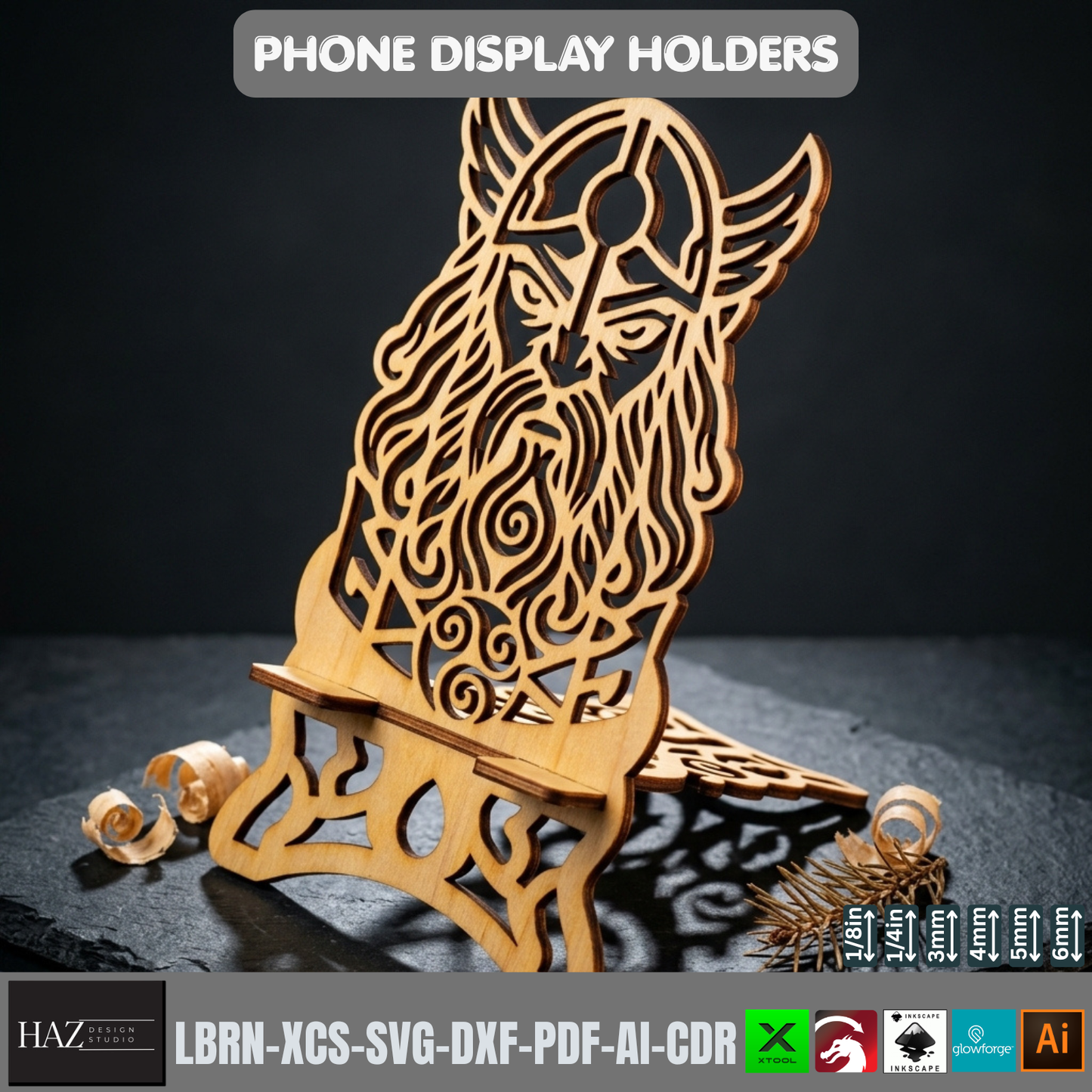 Laser Cut Viking Phone Stand Wooden Desk Organizer Template SVG File