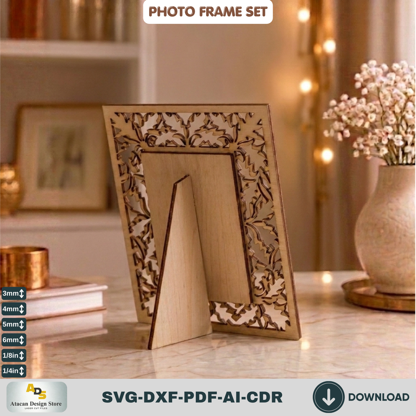 Laser Cut Photo Frame SVG Bundle – Floral Rustic Wood Home Decor Template