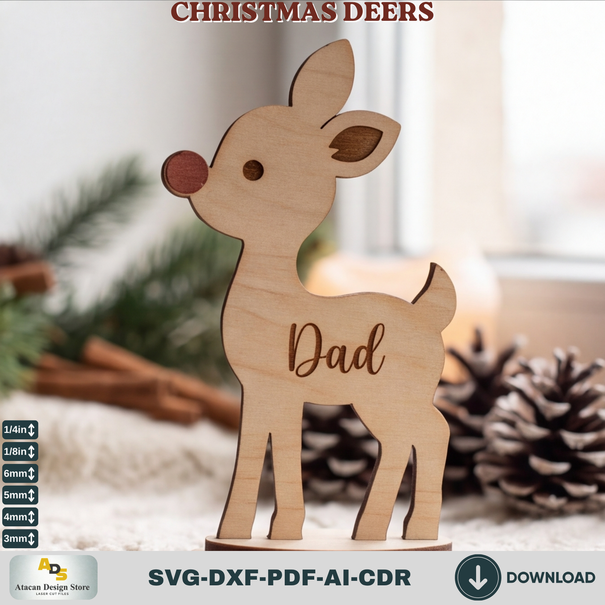 Personalized Reindeer Family Laser Cut Holiday Shelf Decor - Mom Dad Kids Sizes