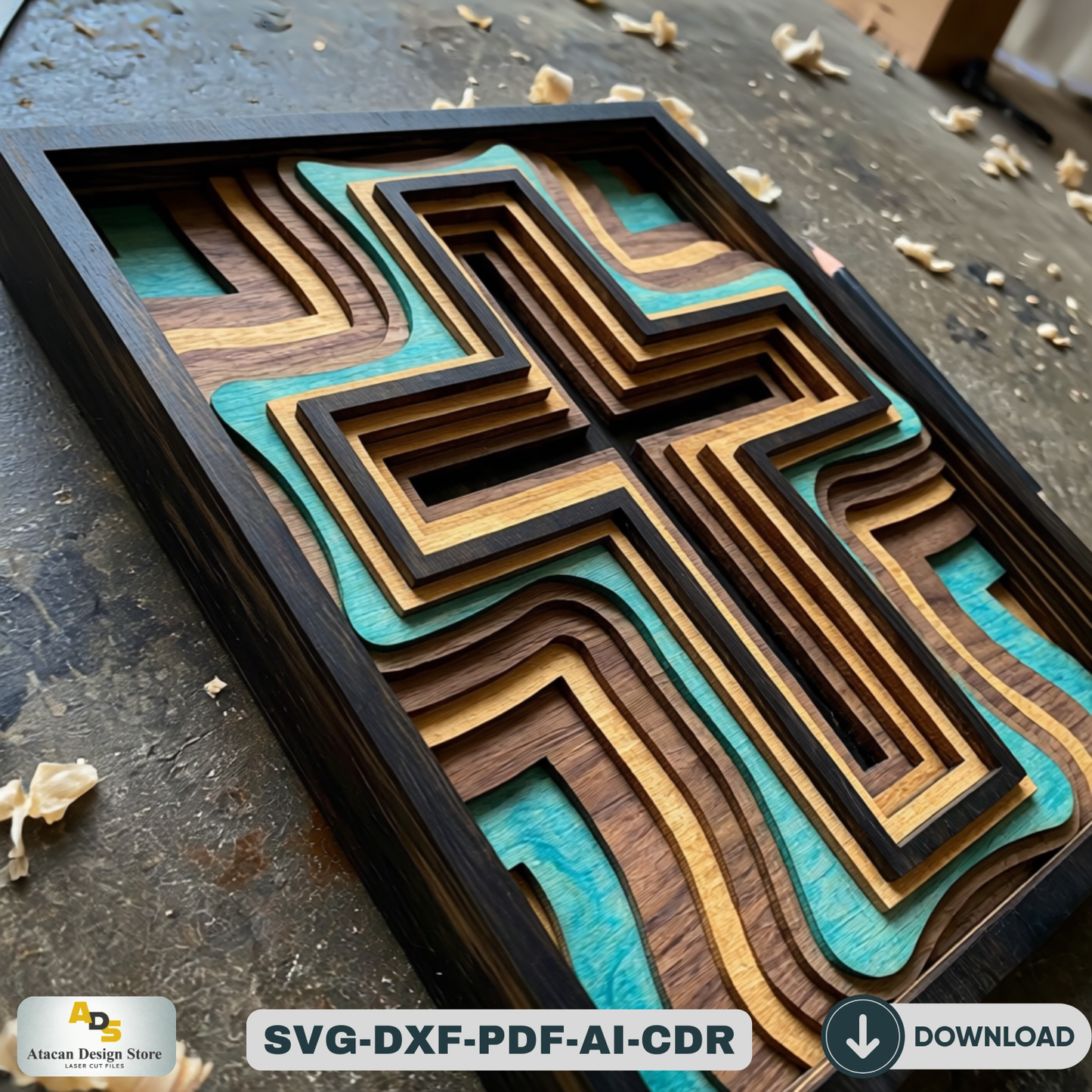 3D Layered Wood Cross Wall Art LaserCut Religious Multilayer Decor Christian Spiritual Vector Pattern
