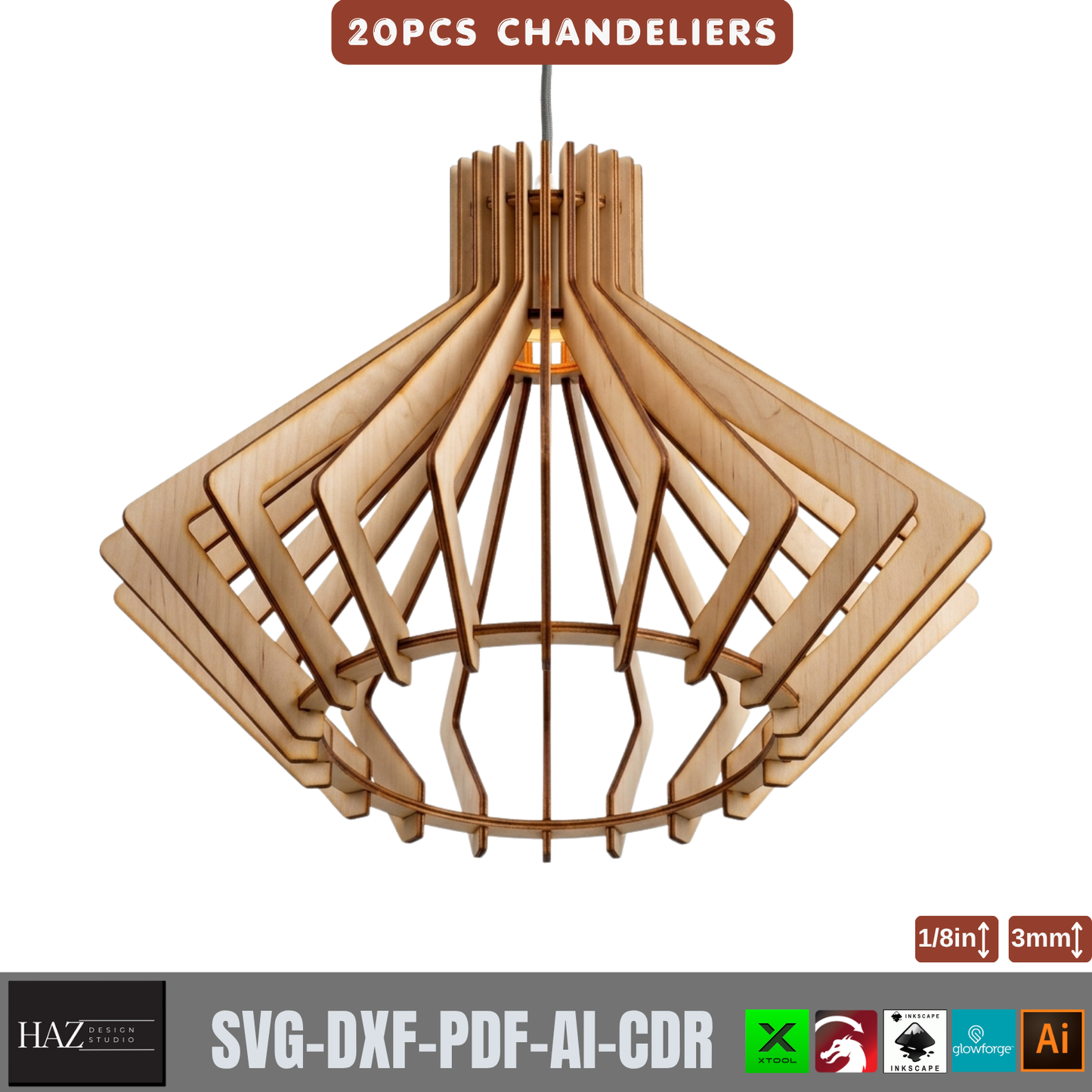 20 Piece Wooden Chandelier Pendant Lamp Laser Cut SVG Template Set Plywood 566