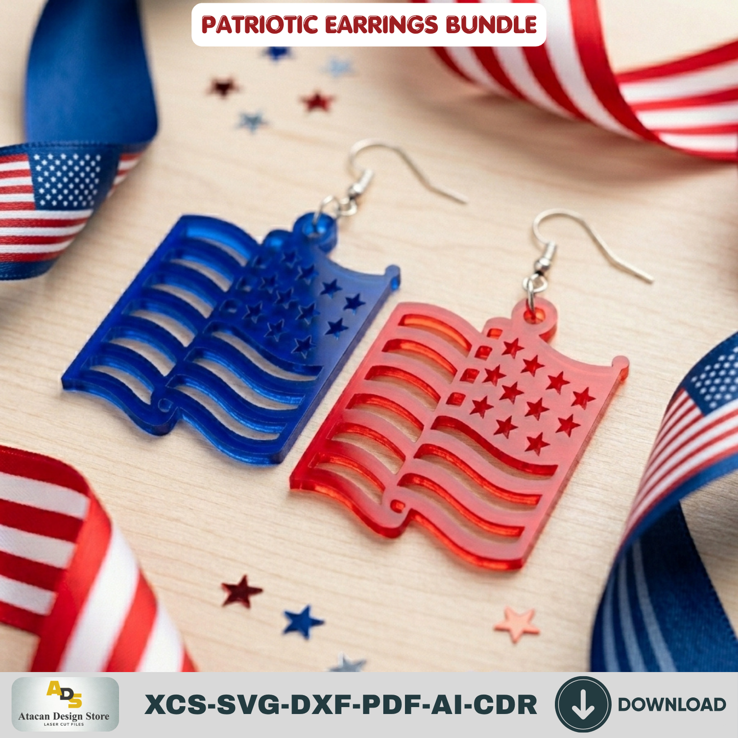 Patriotic Earring Laser Cut Template, USA Flag Star Jewelry Pattern, Independence Day Gift