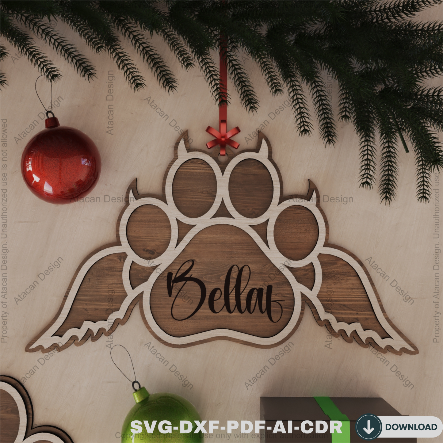 Personalized Dog Paw Ornament - Custom Wooden Pet Christmas Keepsake for Laser Cutting 807