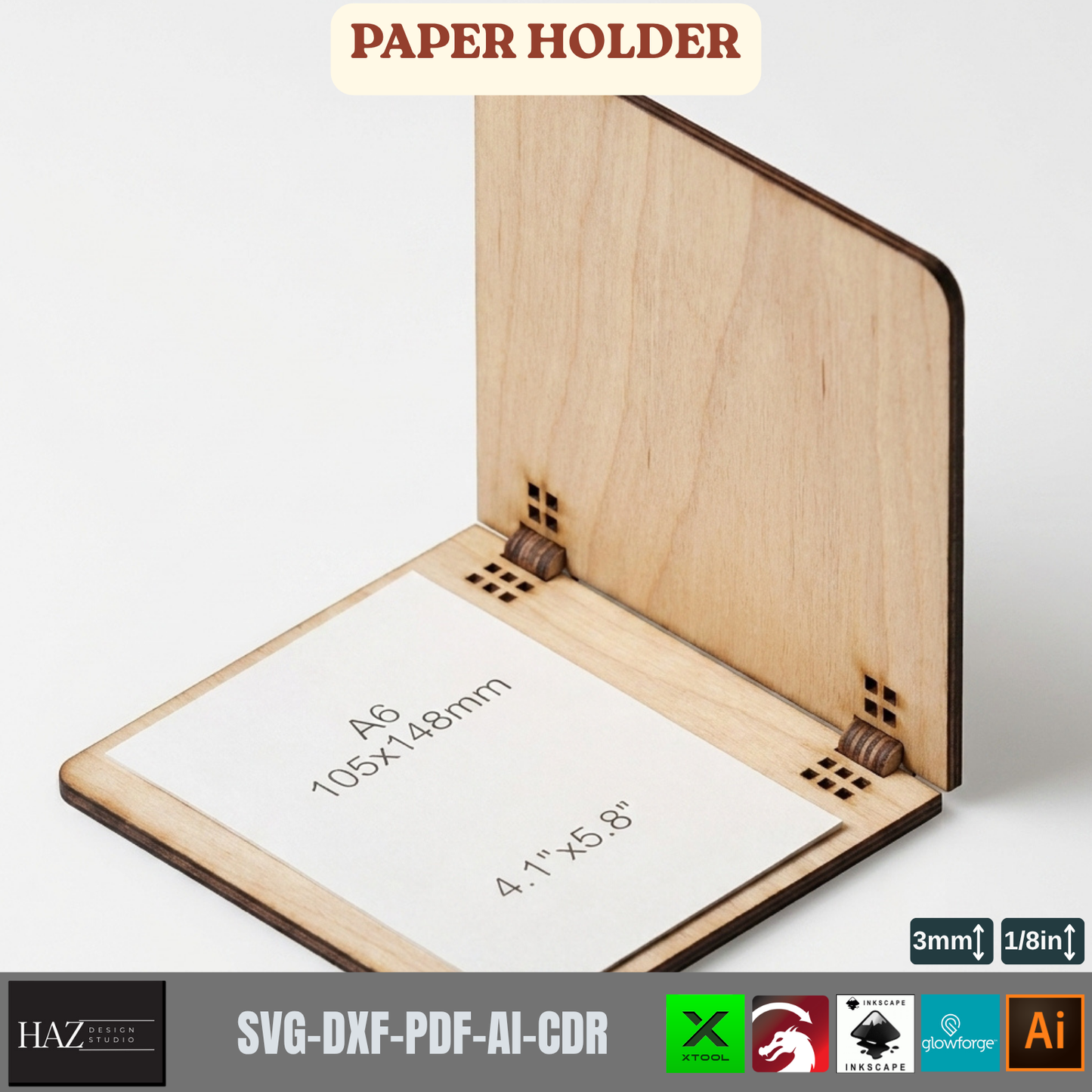 Wooden Paper Holder Laser Cut Files, Desk Notepad Cover SVG Template, A4-A6 Memo Pad