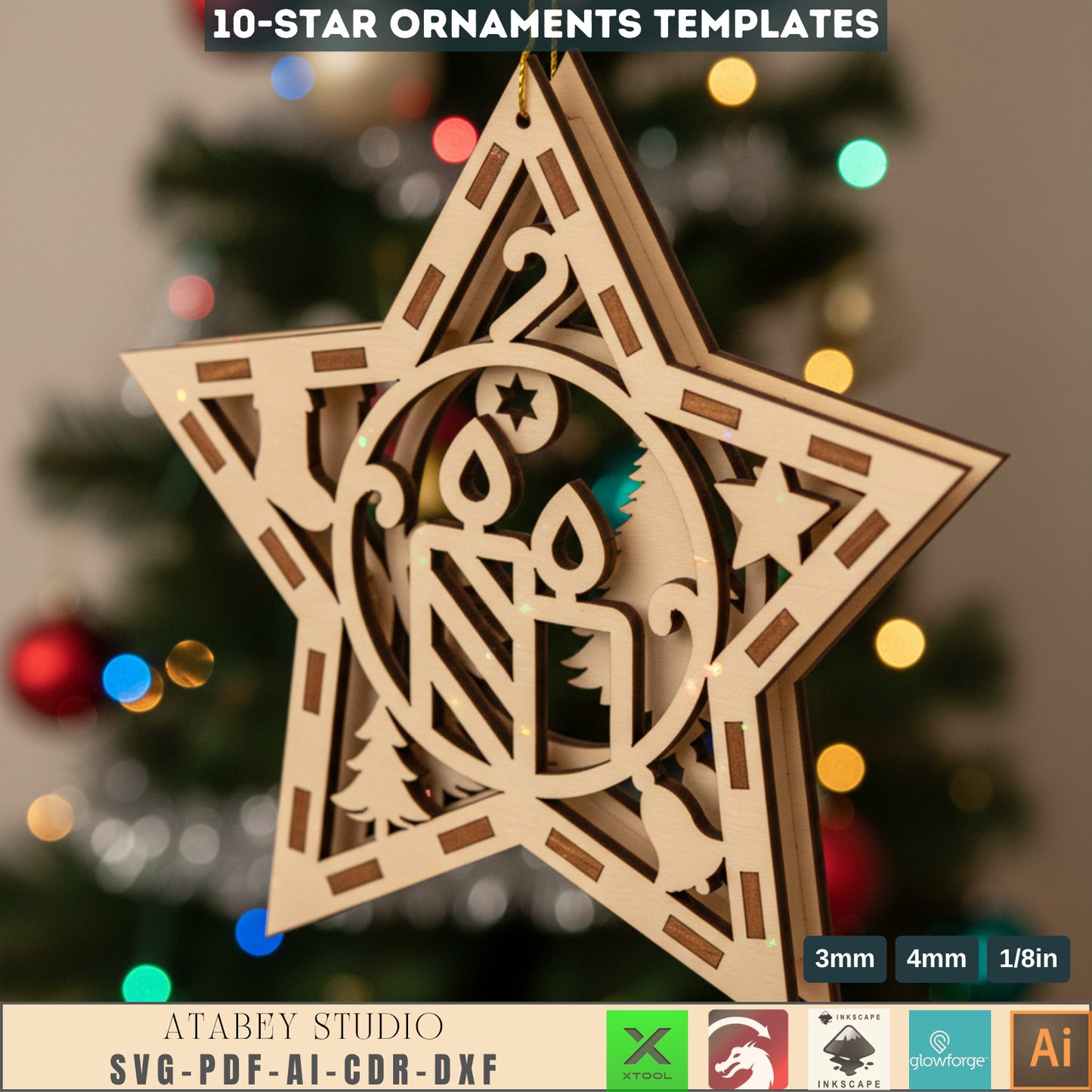 3D Christmas Star Ornament Laser Cut Files for Wood & Acrylic Holiday Tree Decorations 959