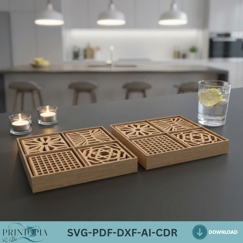 Geometric Laser Cut Coaster Set with Storage Box Patterned Wood Coaster Designs