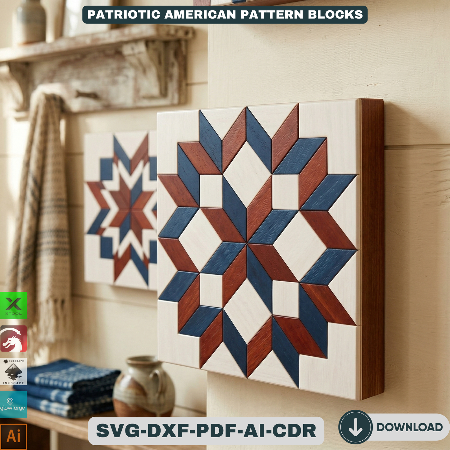 Patriotic American Barn Quilt Wall Decor Fourth of July Wooden Sign Geometric Star Block Patterns 943
