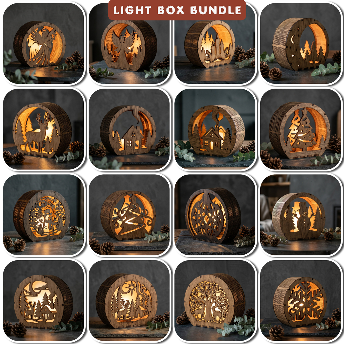 Laser Cut Christmas Lantern Bundle, Wooden Tealight Holders, Winter Scene Light Box Designs