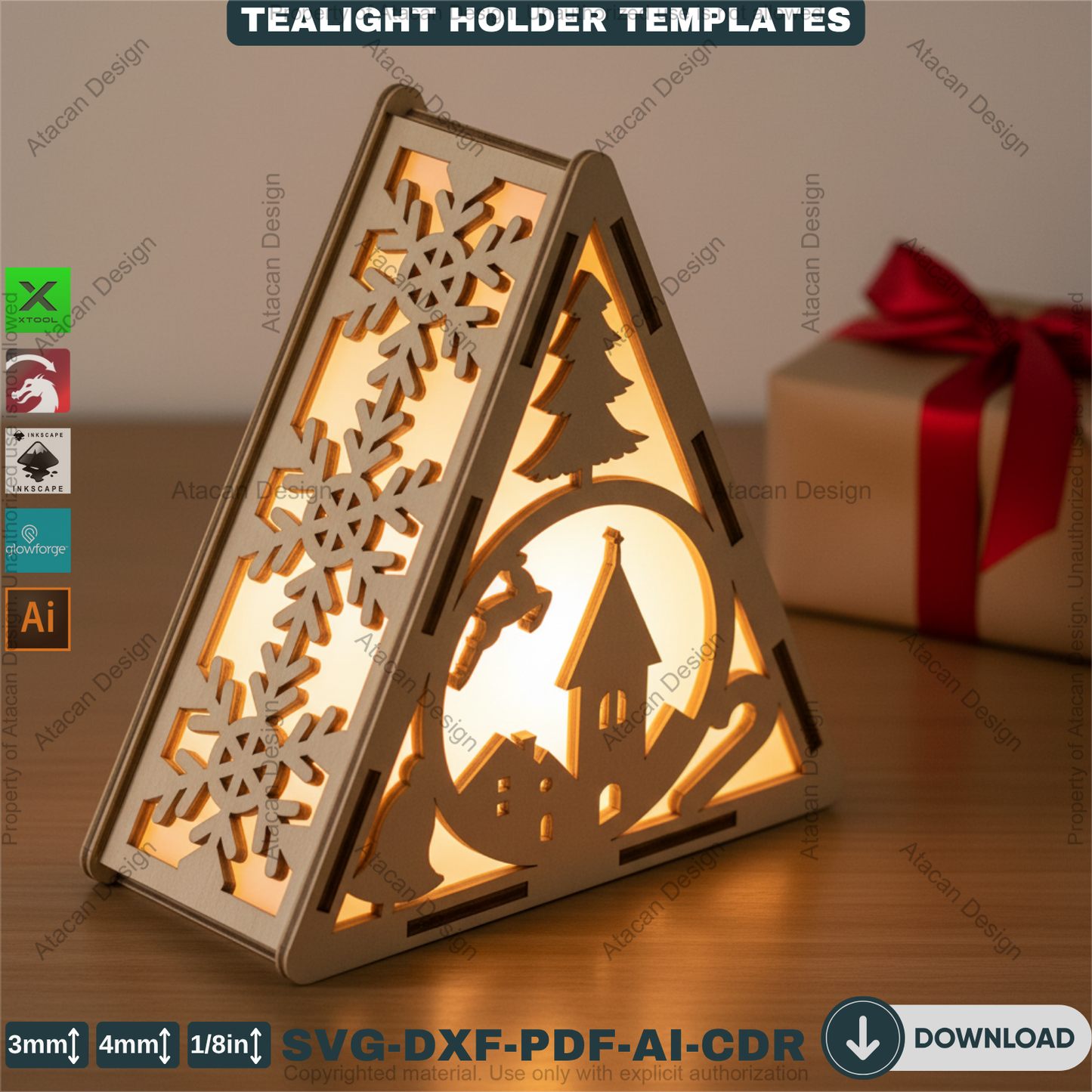 Christmas Pyramid Candle Holder Bundle Laser Cut Template Tealight Lantern Designs Winter Wood Decor Night Lights 919