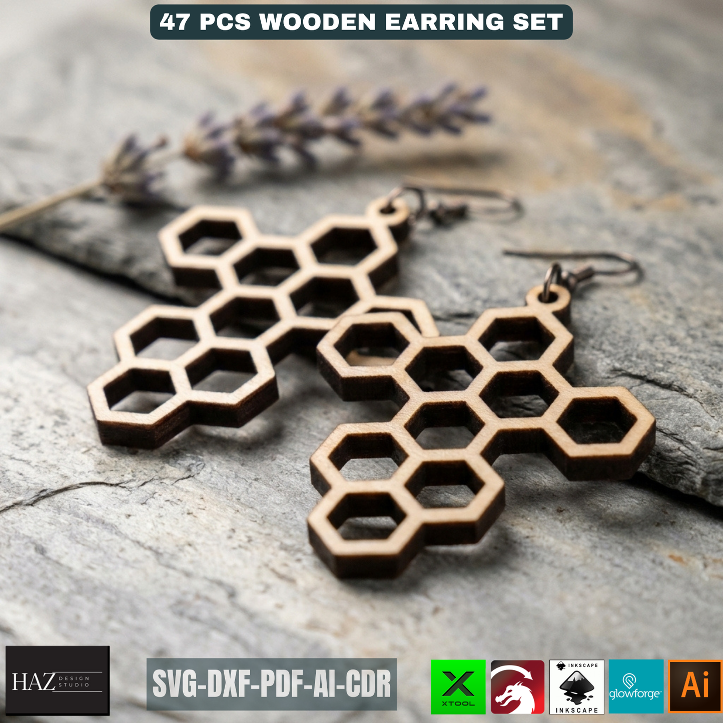 47 Pcs Wooden Earring Laser Cut Templates DIY Jewelry Boho Mushroom Skull Bee Honeycomb