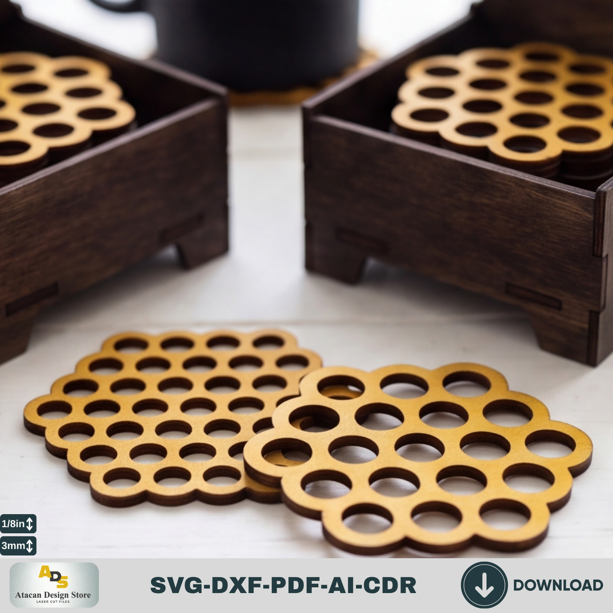Honey Bee Coaster Set with Box SVG, Hexagon Honeycomb Coasters, Coaster Holder 305