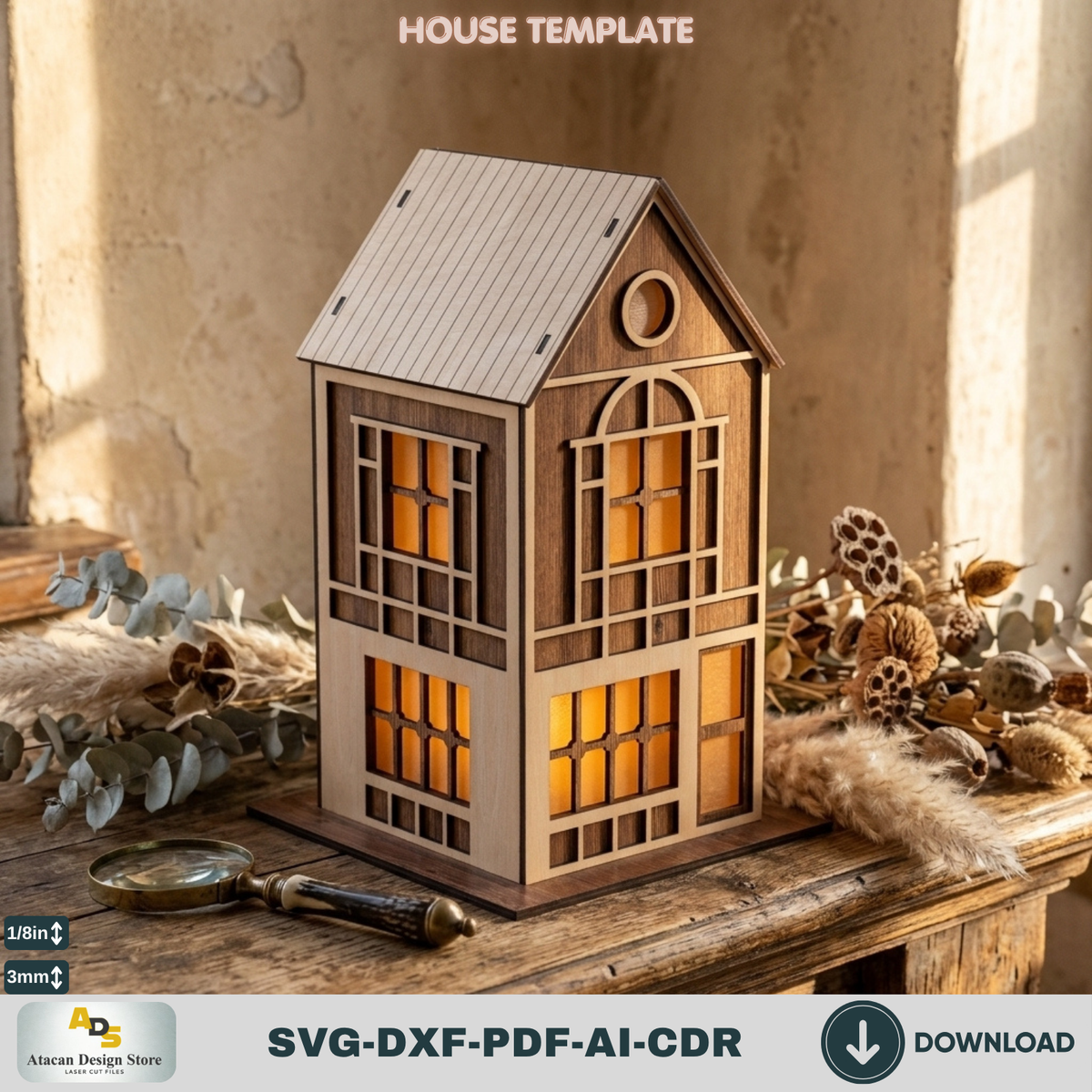 DIY Wooden House Luminary Template | Laser Cut Miniature Village | Table Lamp Design 885