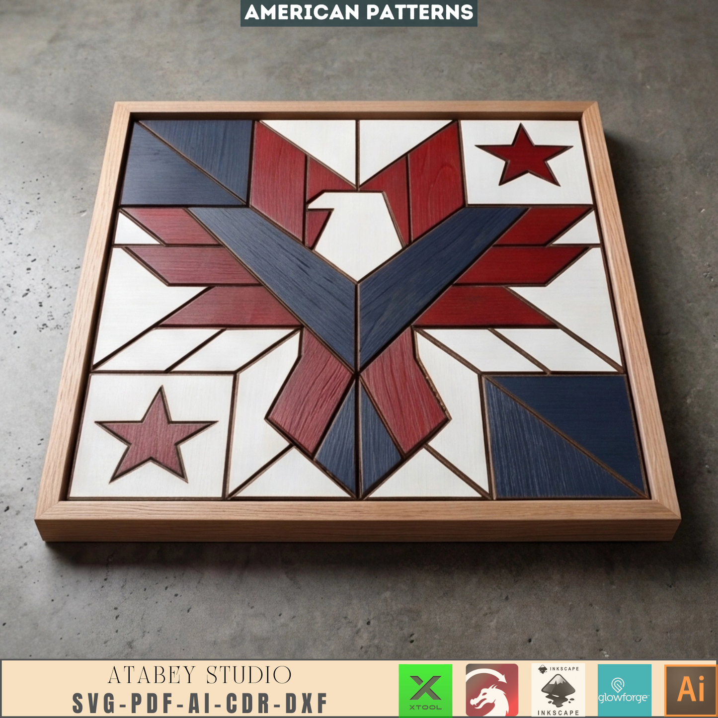 American Eagle Wood Barn Quilt Pattern Patriotic Sign Geometric Hawk Shield Intarsia Wall Art