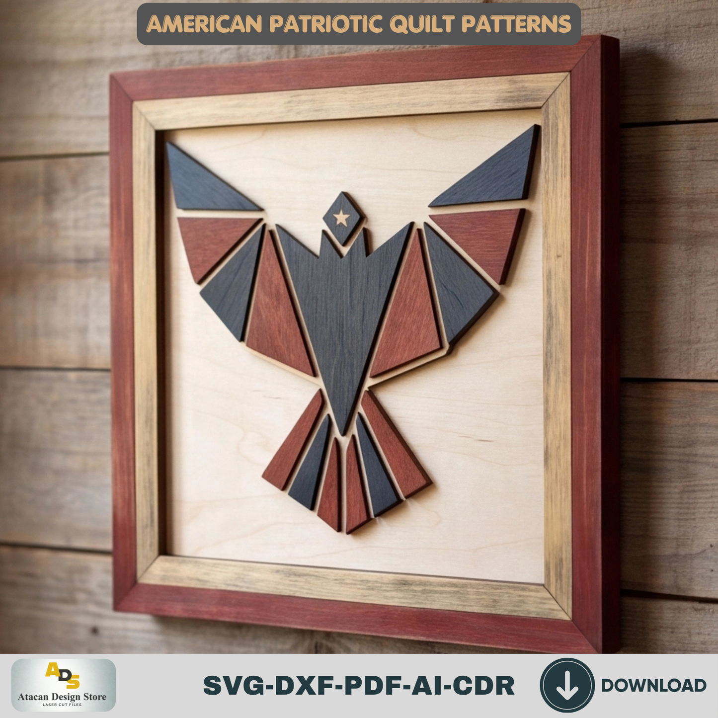Patriotic Bald Eagle Geometric Wall Art Laser Cut Template American Quilt Pattern Wood Decor