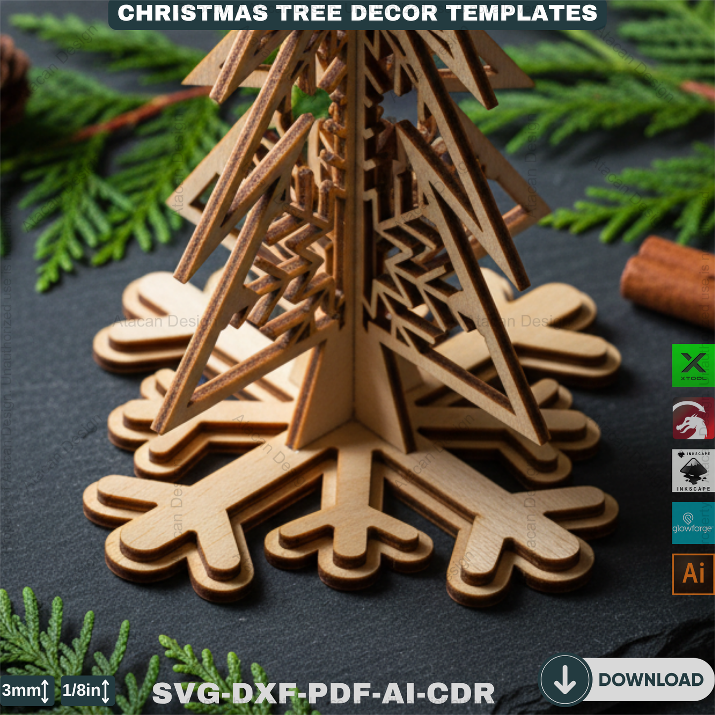 Christmas Ornament Tree With Pattern Laser Cut Files, Festive Holiday Shelf Sitter, Wooden Tabletop Decor Trees 912