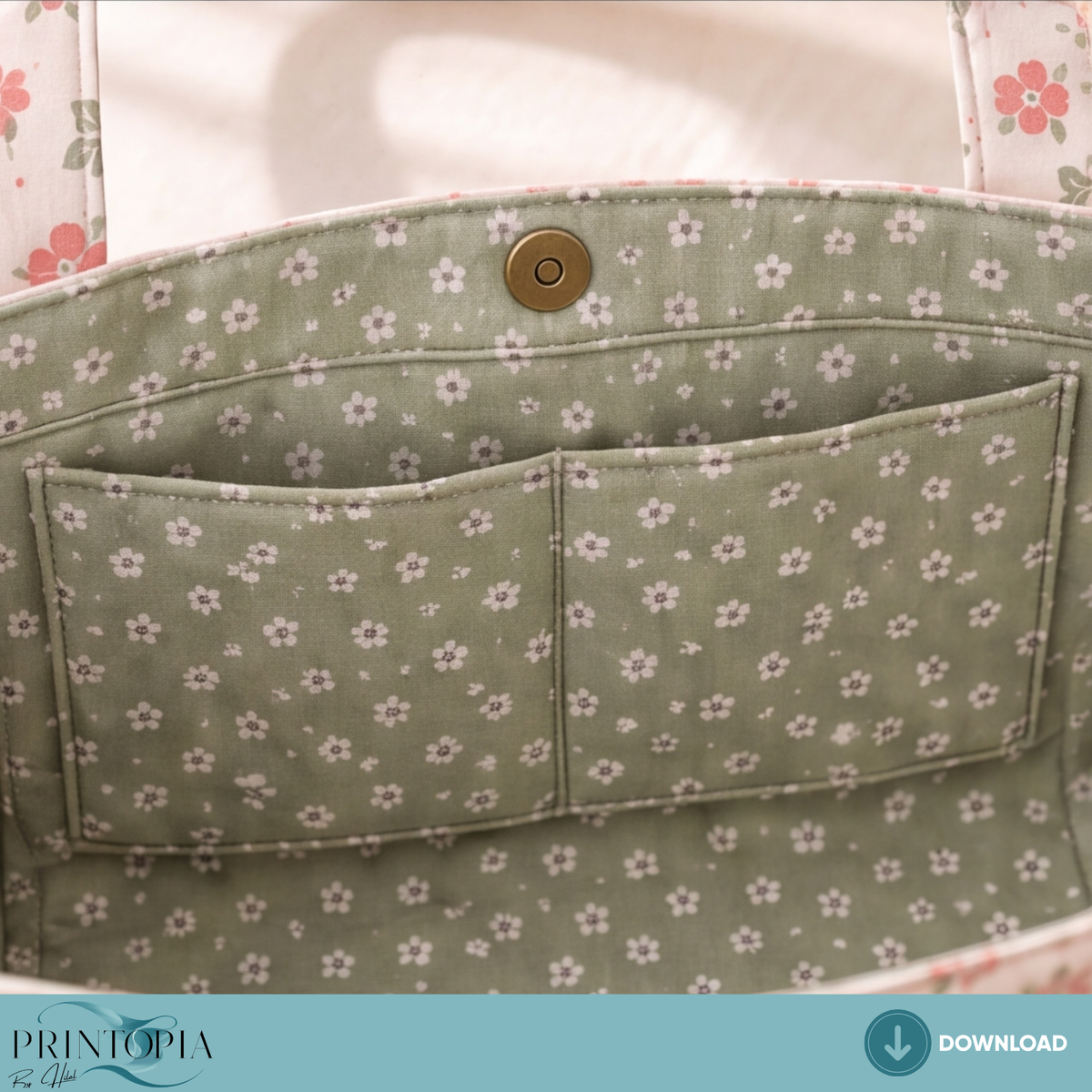 Floral Tote Bag Sewing PDF Pattern Multi Pocket Organizer 4 Sizes Included