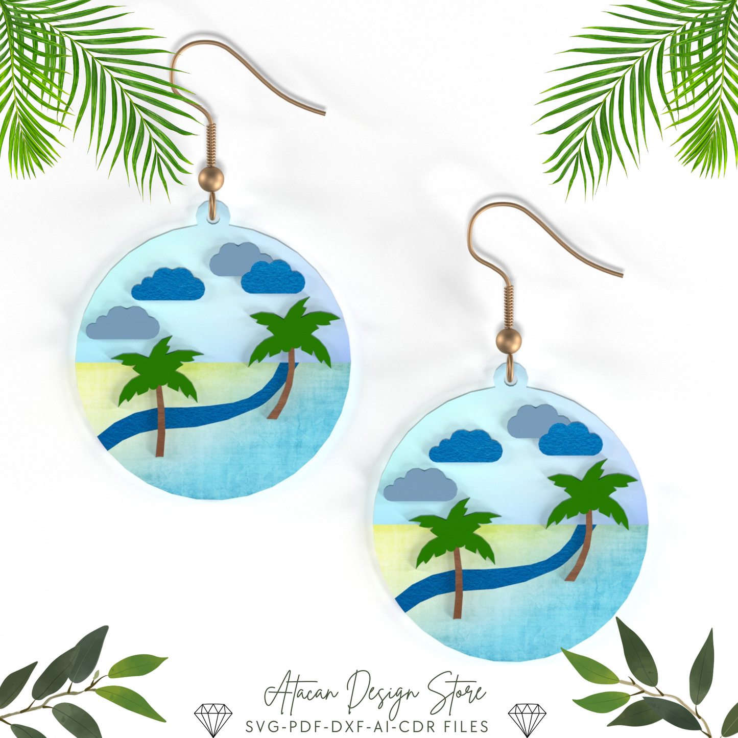 Summer-Themed Earring Collection - Beach Scene, Heartbeat, Palm Tree, Ice Cream, Wine Glass Designs - Palm Tree,Leaf, Surf Wave and more 663