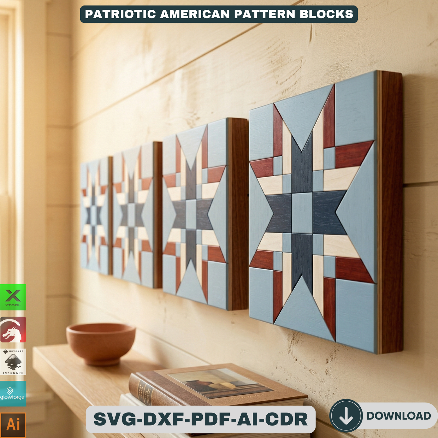 Patriotic American Barn Quilt Wall Decor Fourth of July Wooden Sign Geometric Star Block Patterns 943