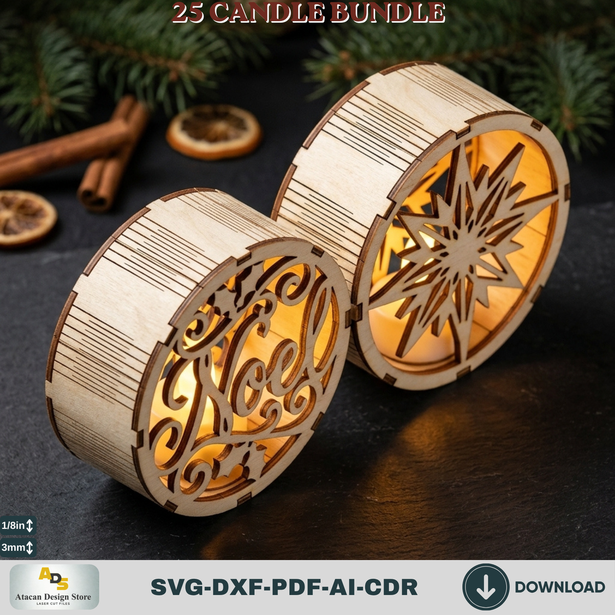 Christmas Tealight Candle Holder Bundle, 25 Laser Cut Round Lantern Templates, Xmas Glowforge Decor