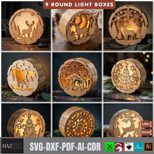 9 Round Christmas Light Box SVG Laser Cut Files – Tealight Holiday Decor