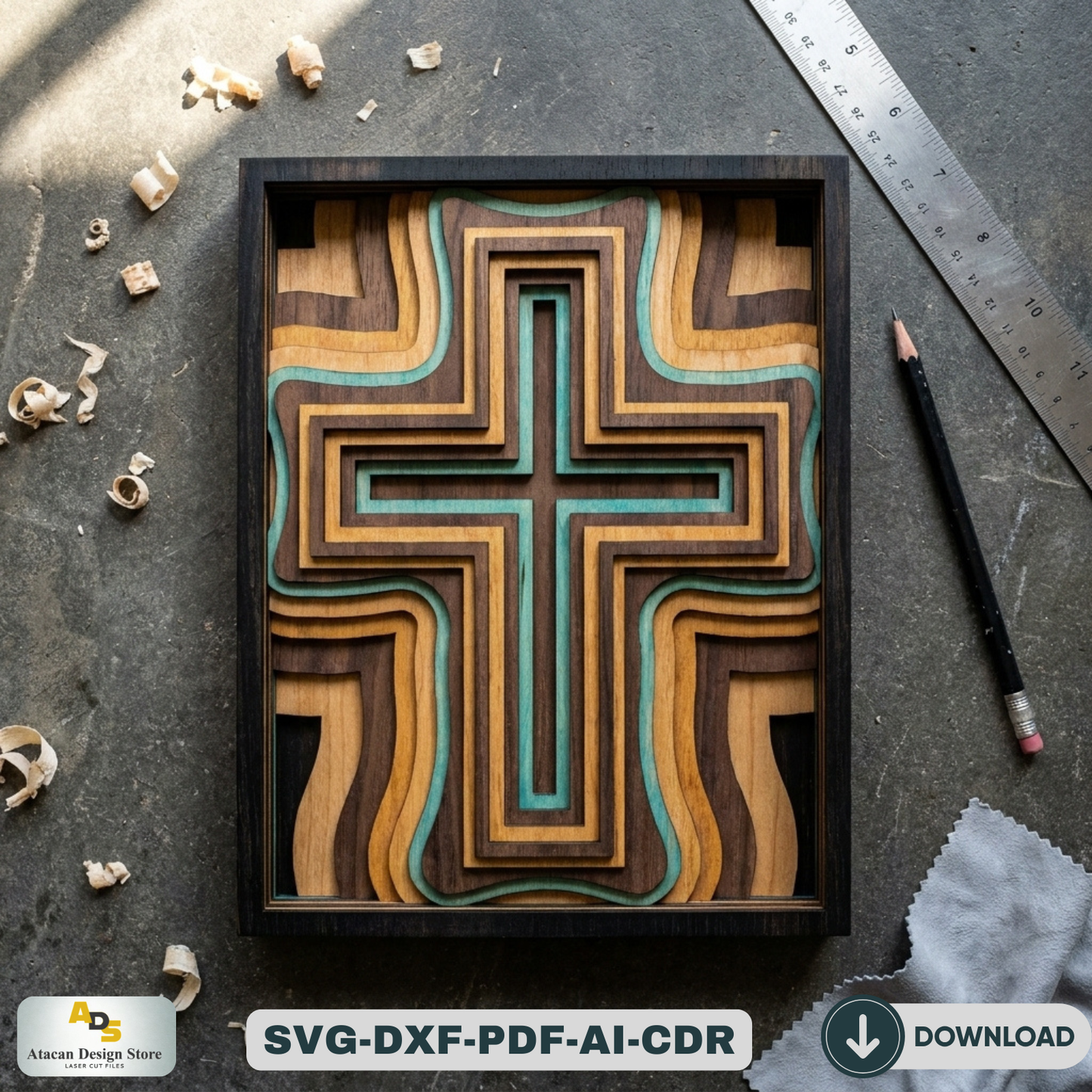 3D Layered Wood Cross Wall Art LaserCut Religious Multilayer Decor Christian Spiritual Vector Pattern