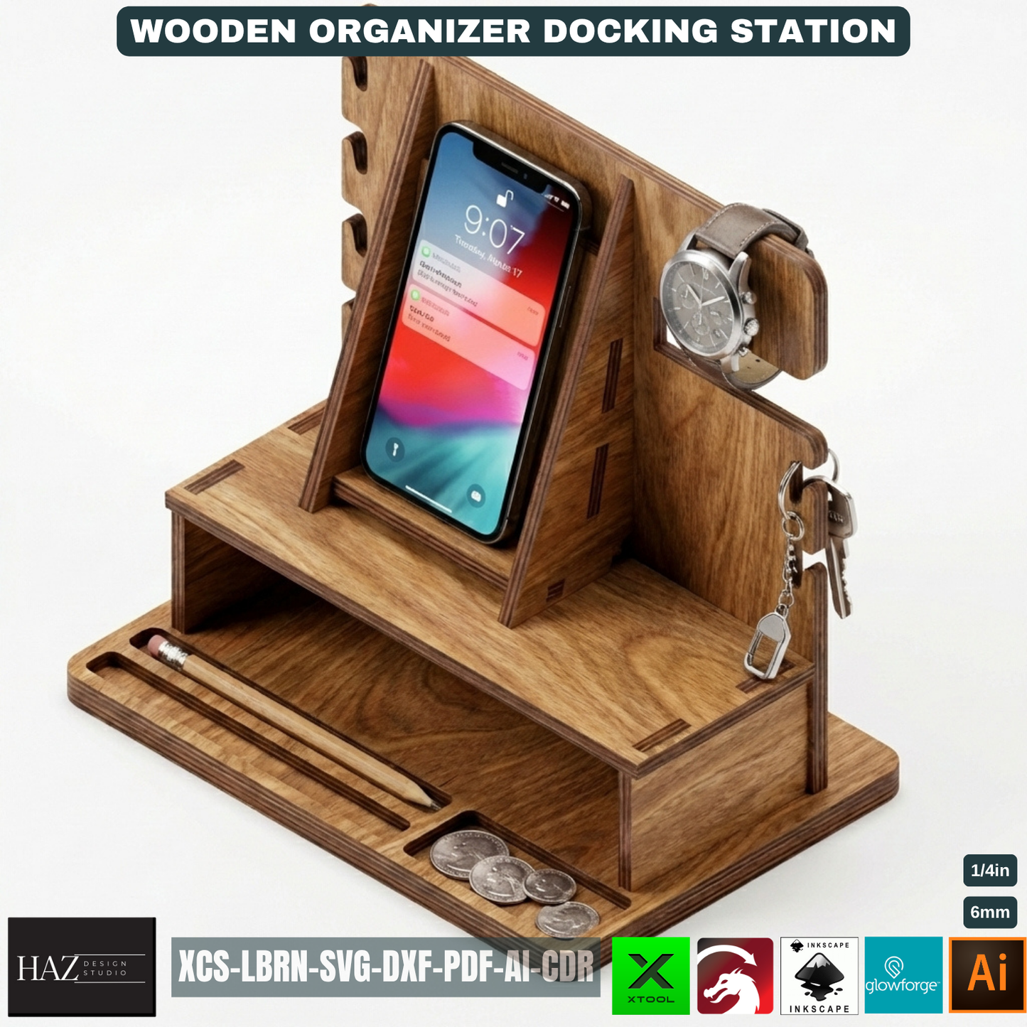 Personalized Wood Docking Station Desk Organizer Mens Gift Idea Phone Stand Bedside Nightstand Catchall Tray 529
