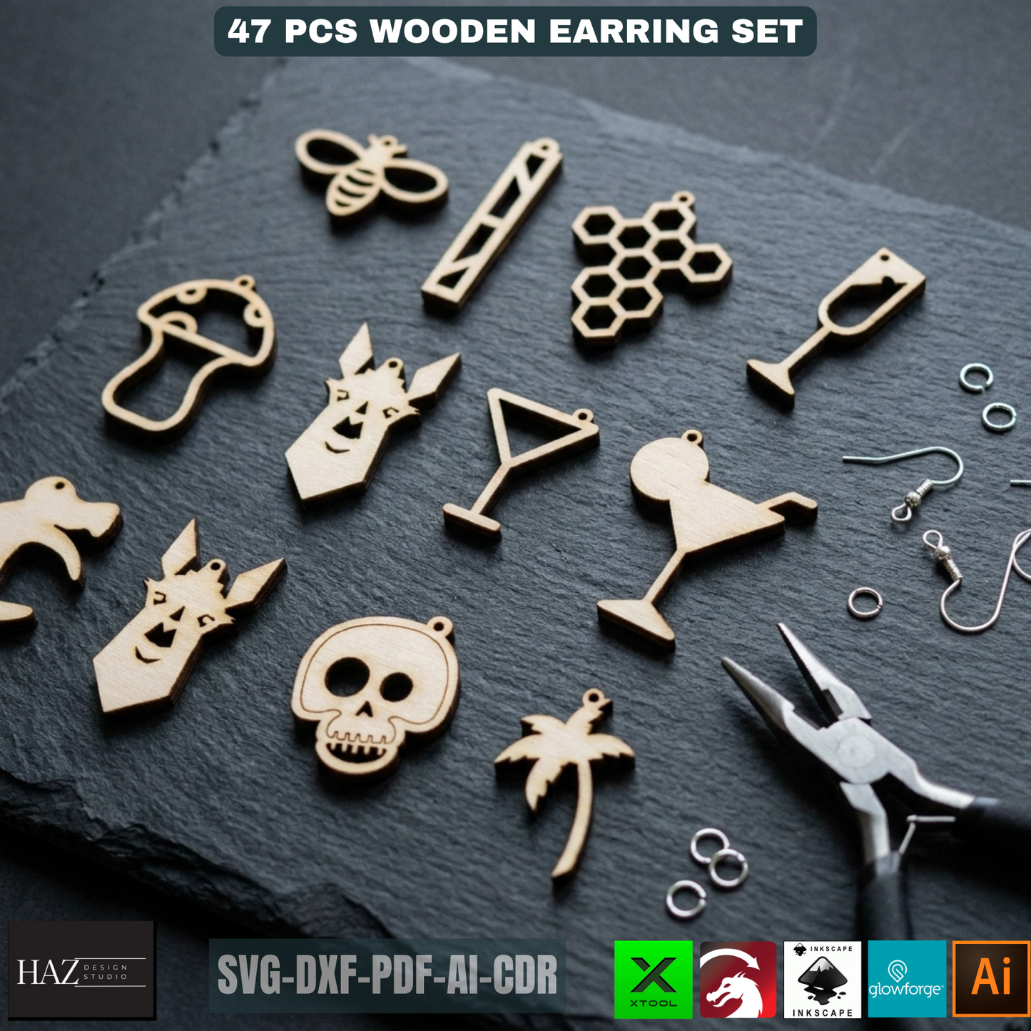 47 Pcs Wooden Earring Laser Cut Templates DIY Jewelry Boho Mushroom Skull Bee Honeycomb