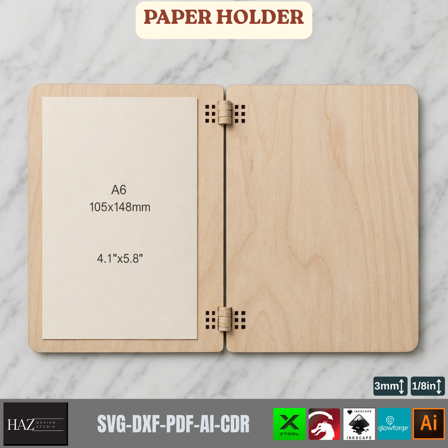 Wooden Paper Holder Laser Cut Files, Desk Notepad Cover SVG Template, A4-A6 Memo Pad