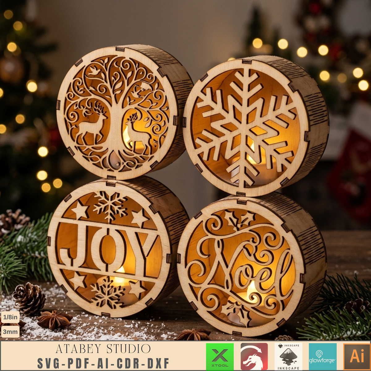 3D Christmas Light Box Laser Cut Files, Wood Holiday Lantern Candle Holder Template 1033