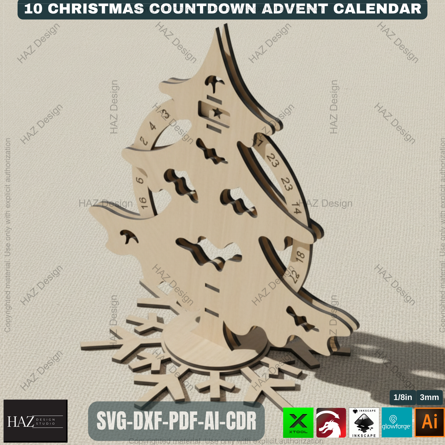 Festive Countdown Advent Calendar Laser Cut Files, Wooden Christmas Decor Template for Glowforge & Xtool, Holiday Craft Project 498