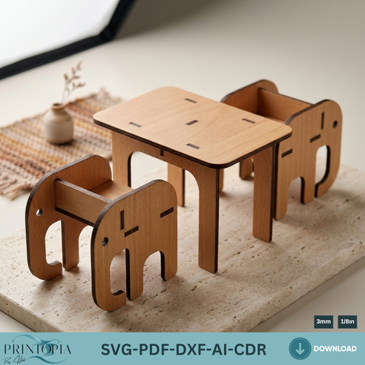 Elephant Miniature Furniture Set Wooden Plywood Mini Chair Table Dollhouse Decor Templates