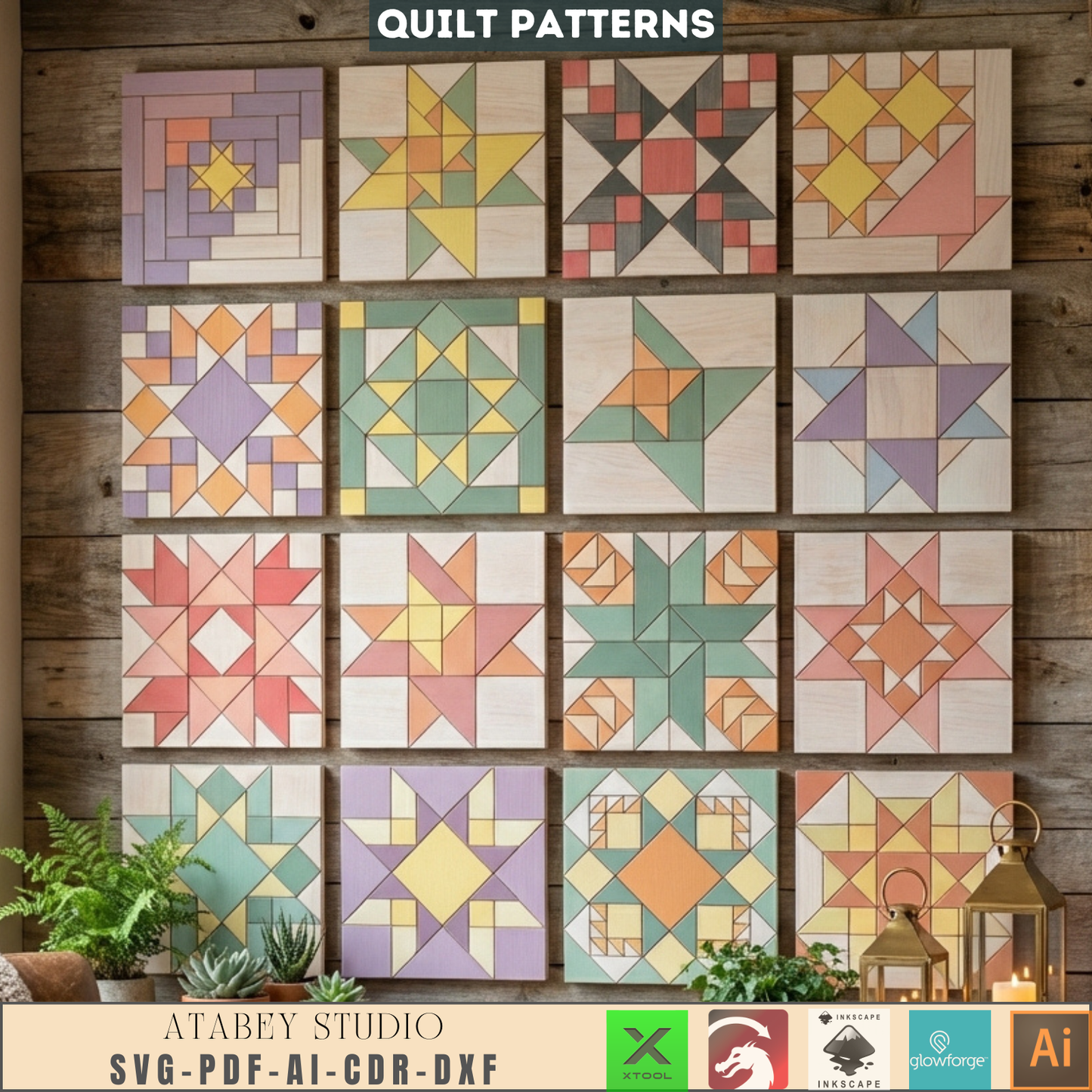 Quilt Block Patterns Geometric Wall Art Mosaic Panel DIY Patchwork Craft Blueprints 990